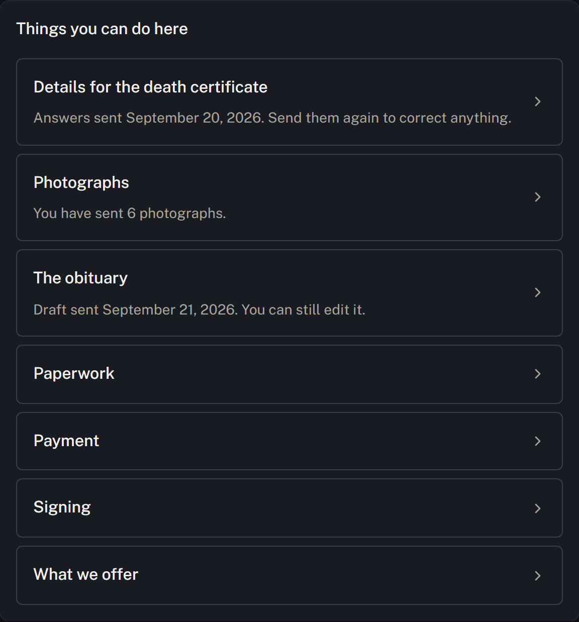The Cortege family portal, with requests for case information and photographs from a demonstration family.