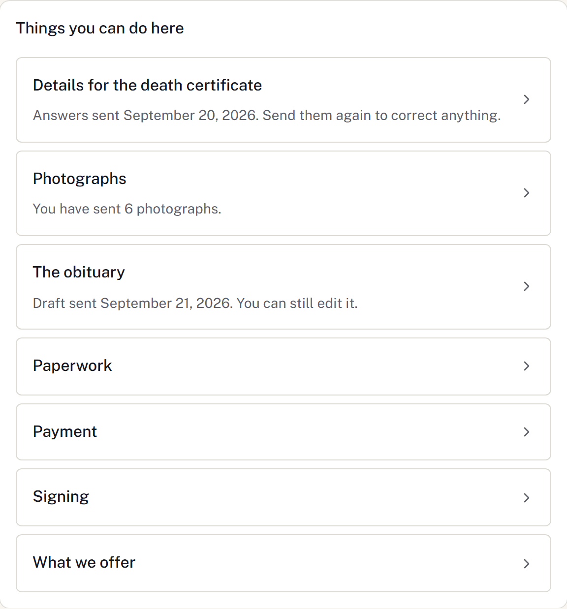 The Cortege family portal, with requests for case information and photographs from a demonstration family.