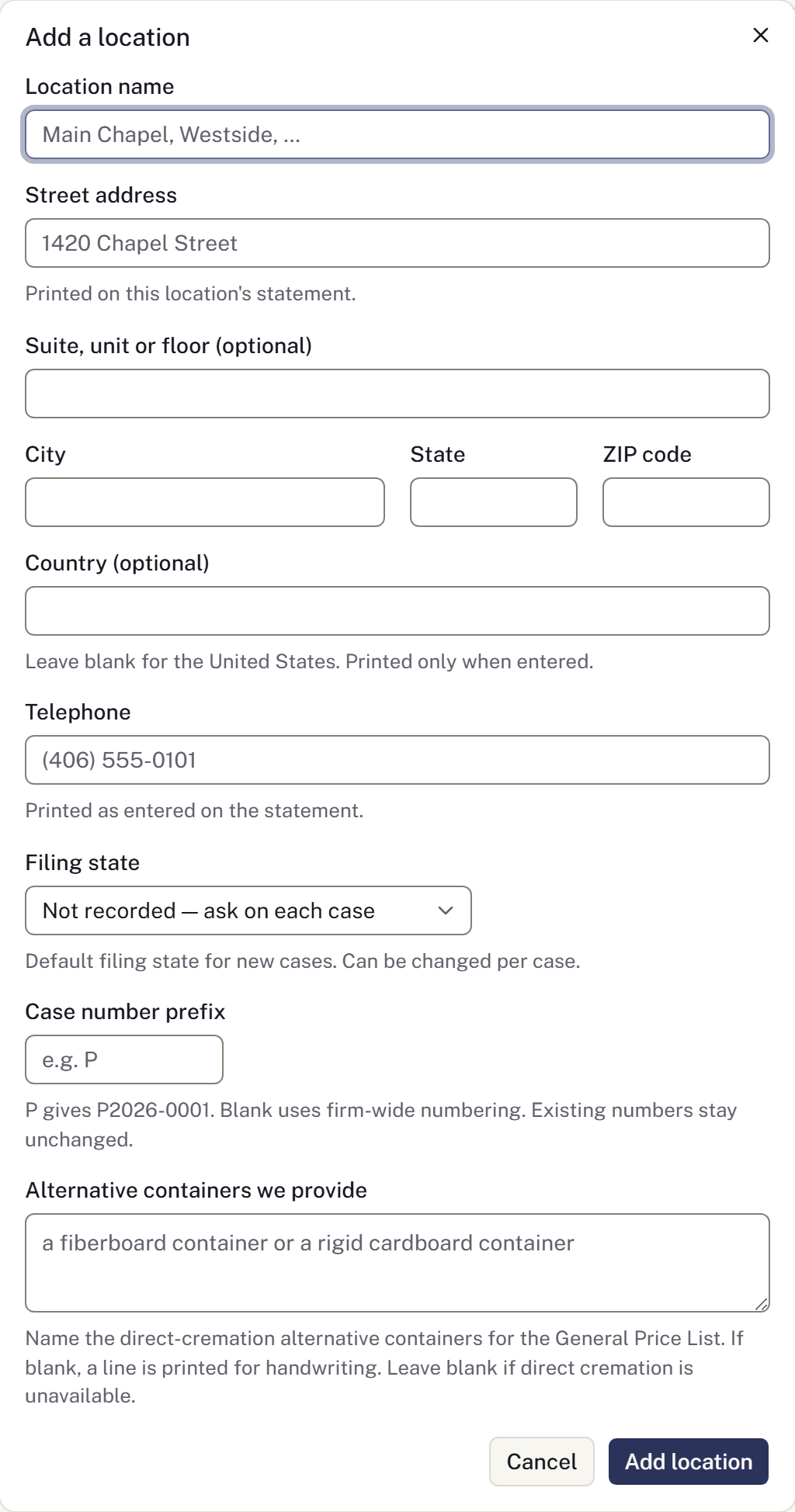 The dialog for adding a location