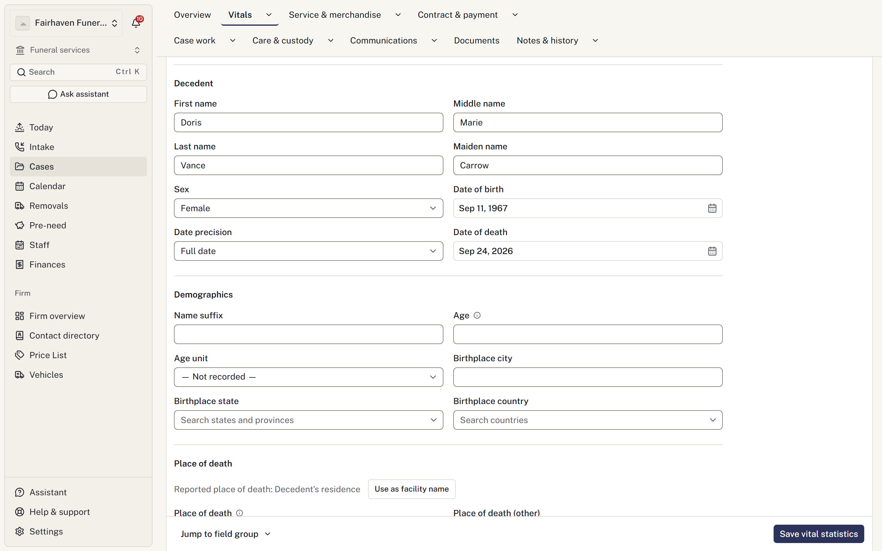 The vital statistics worksheet on a new case