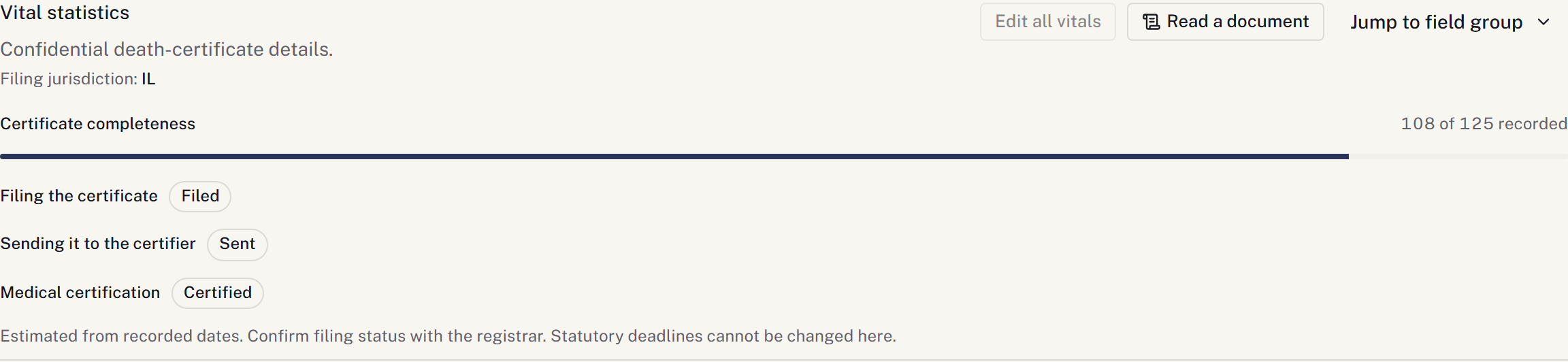 Vital statistics heading showing the filing jurisdiction, completeness and recorded filing progress