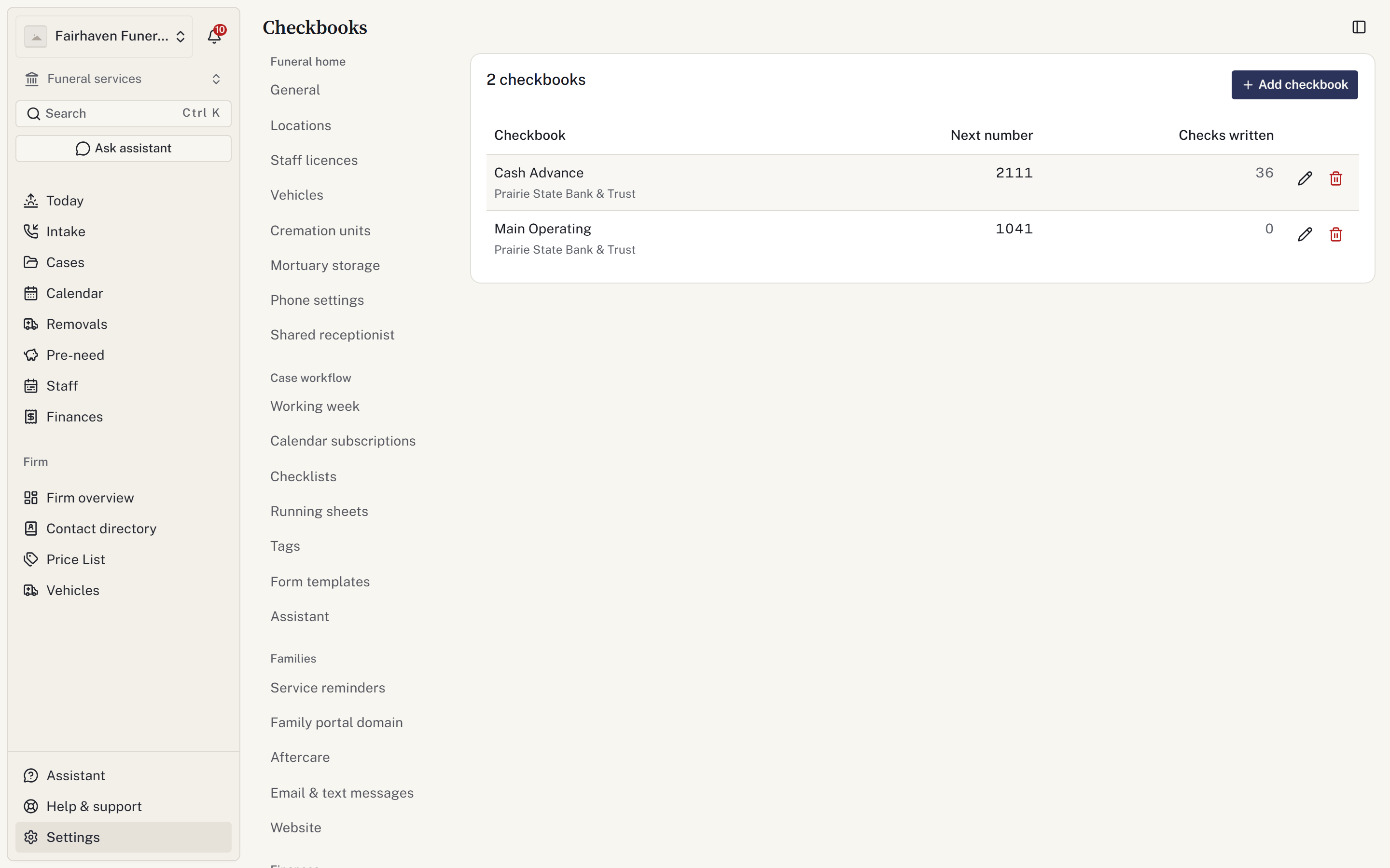 The checkbook settings page