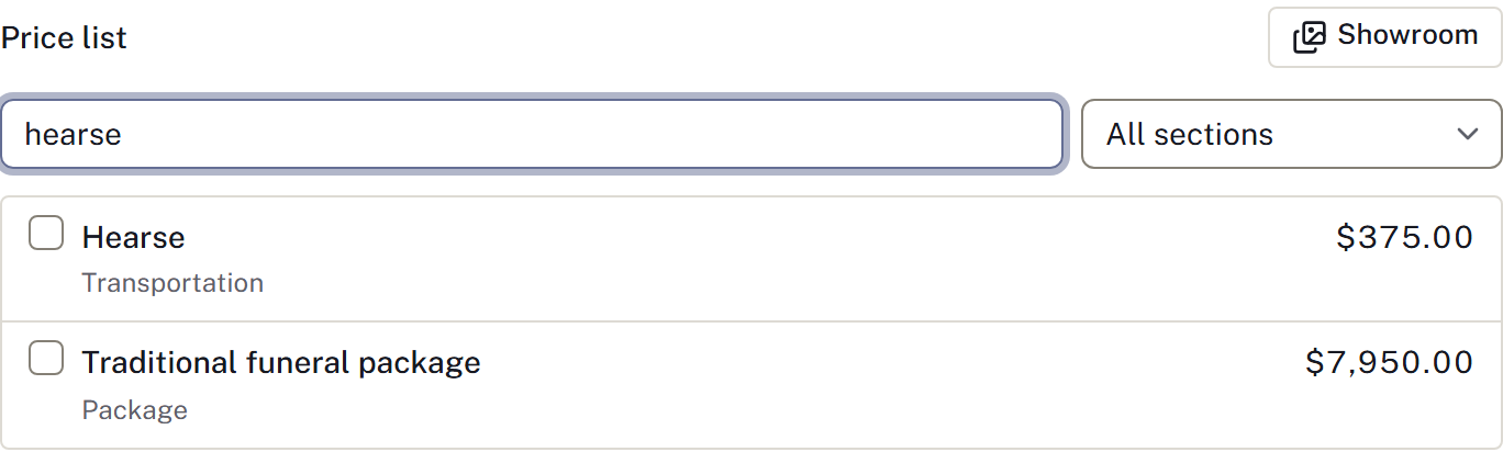 The price-list panel used to add statement items