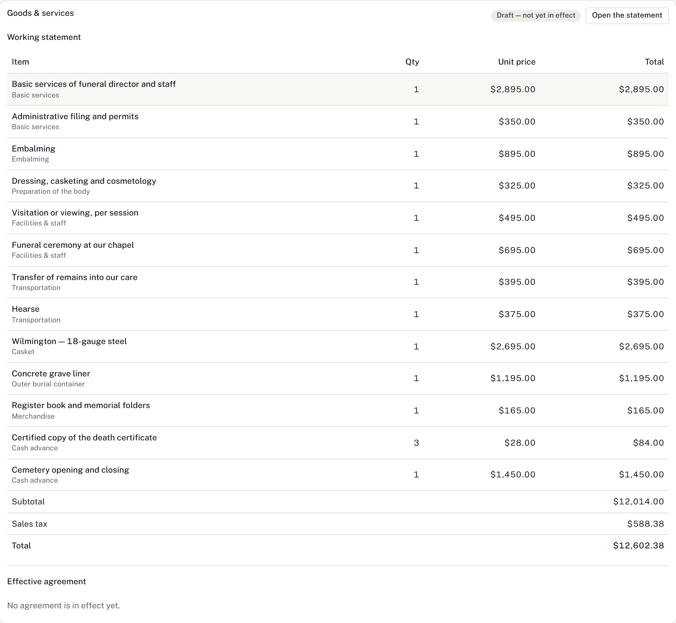 Goods and services shows the agreement status and Open the statement control