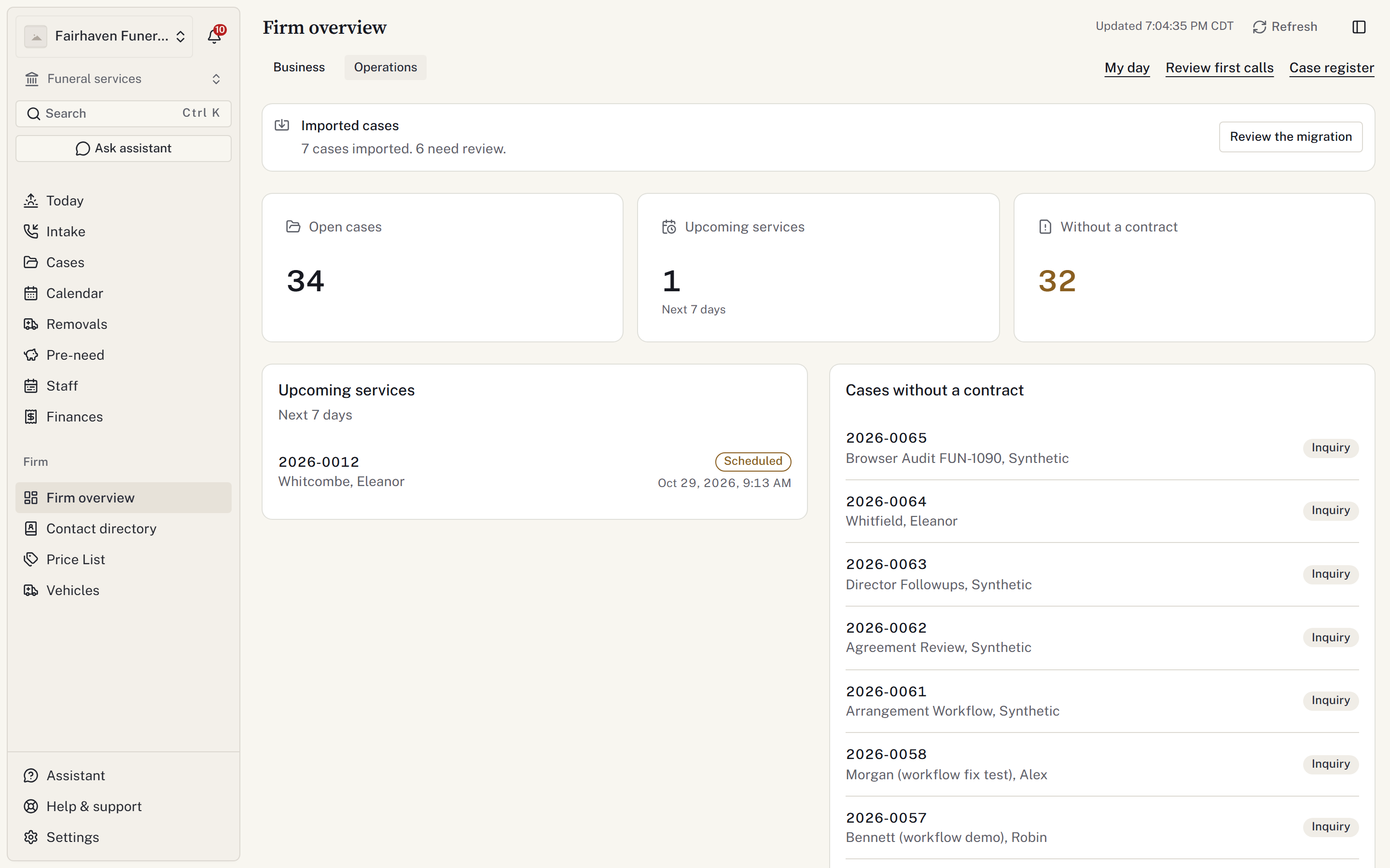 Firm overview with Operations selected and the consolidated sidebar