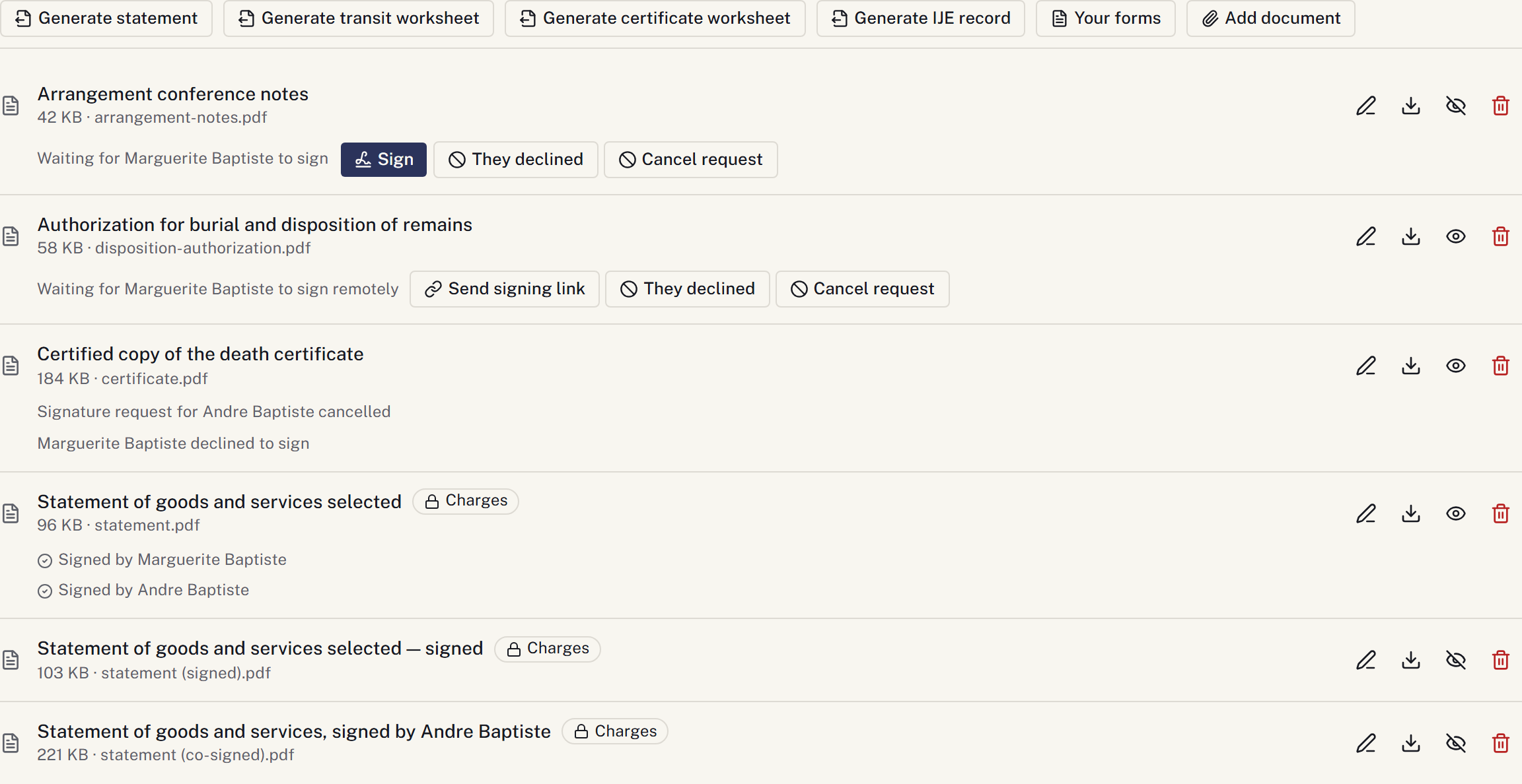 The documents list on a case