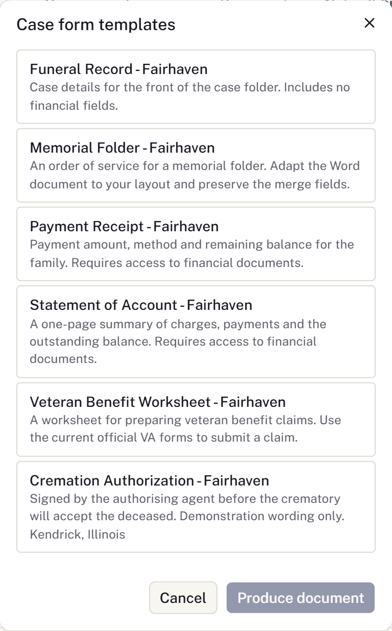 The dialog for choosing a firm form