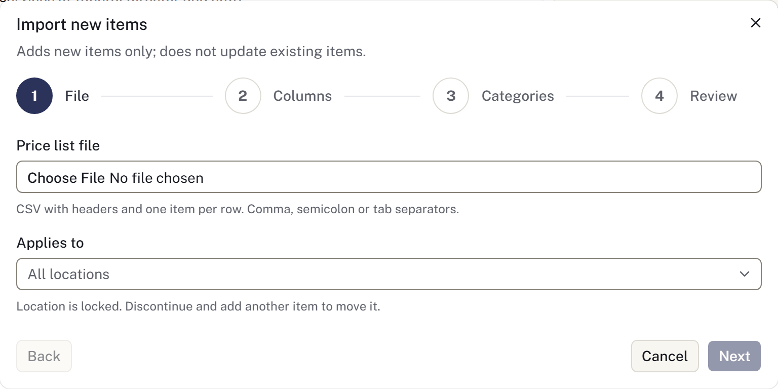 The dialog for importing a price list