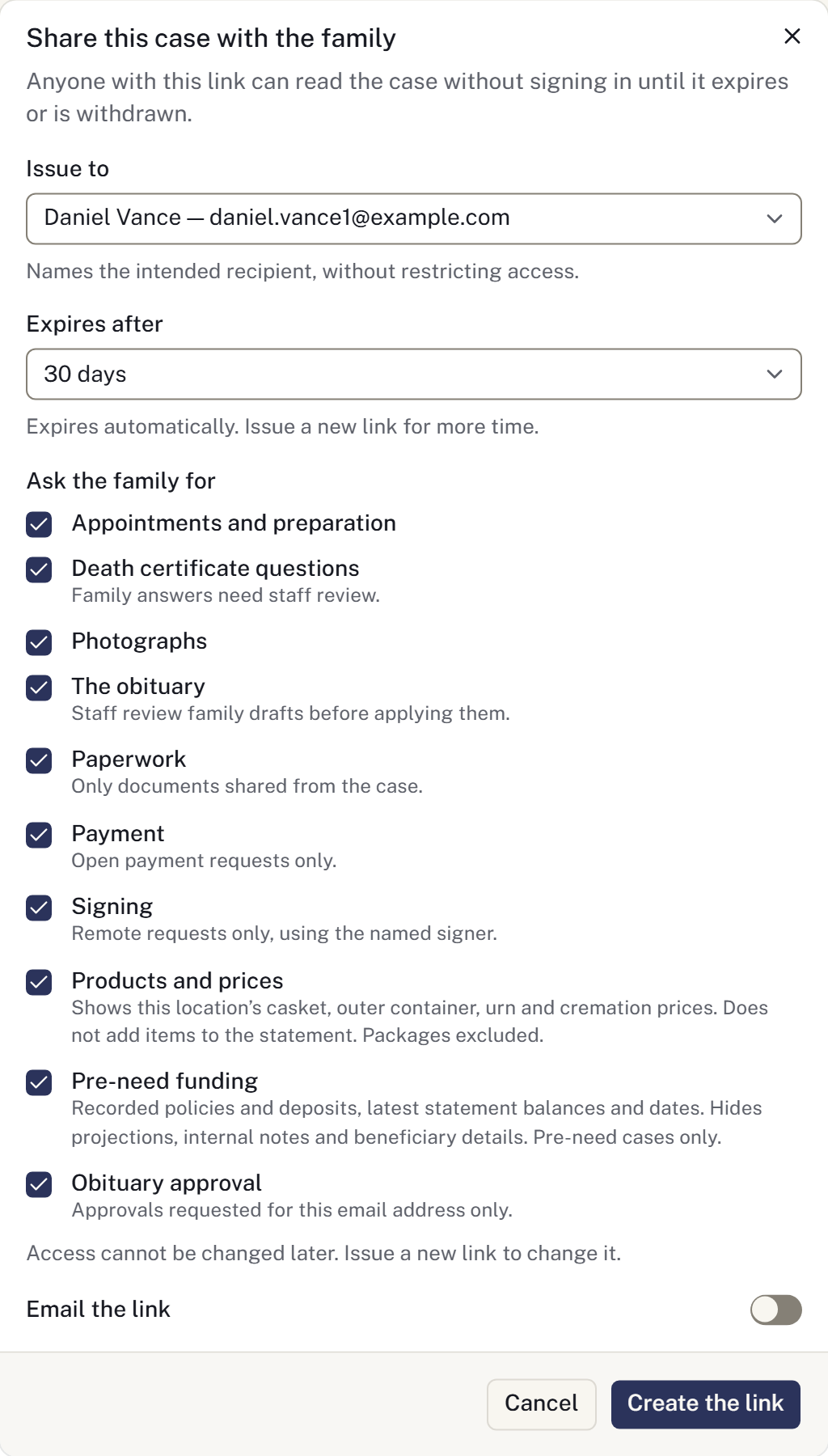 The dialog for creating a family link