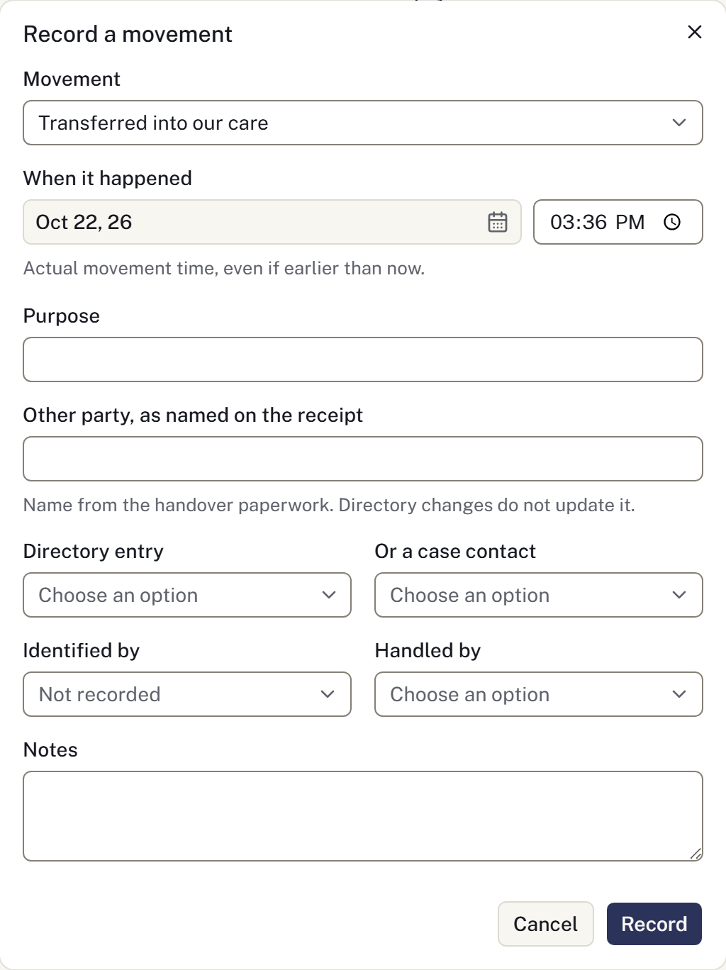 The dialog for recording a custody movement