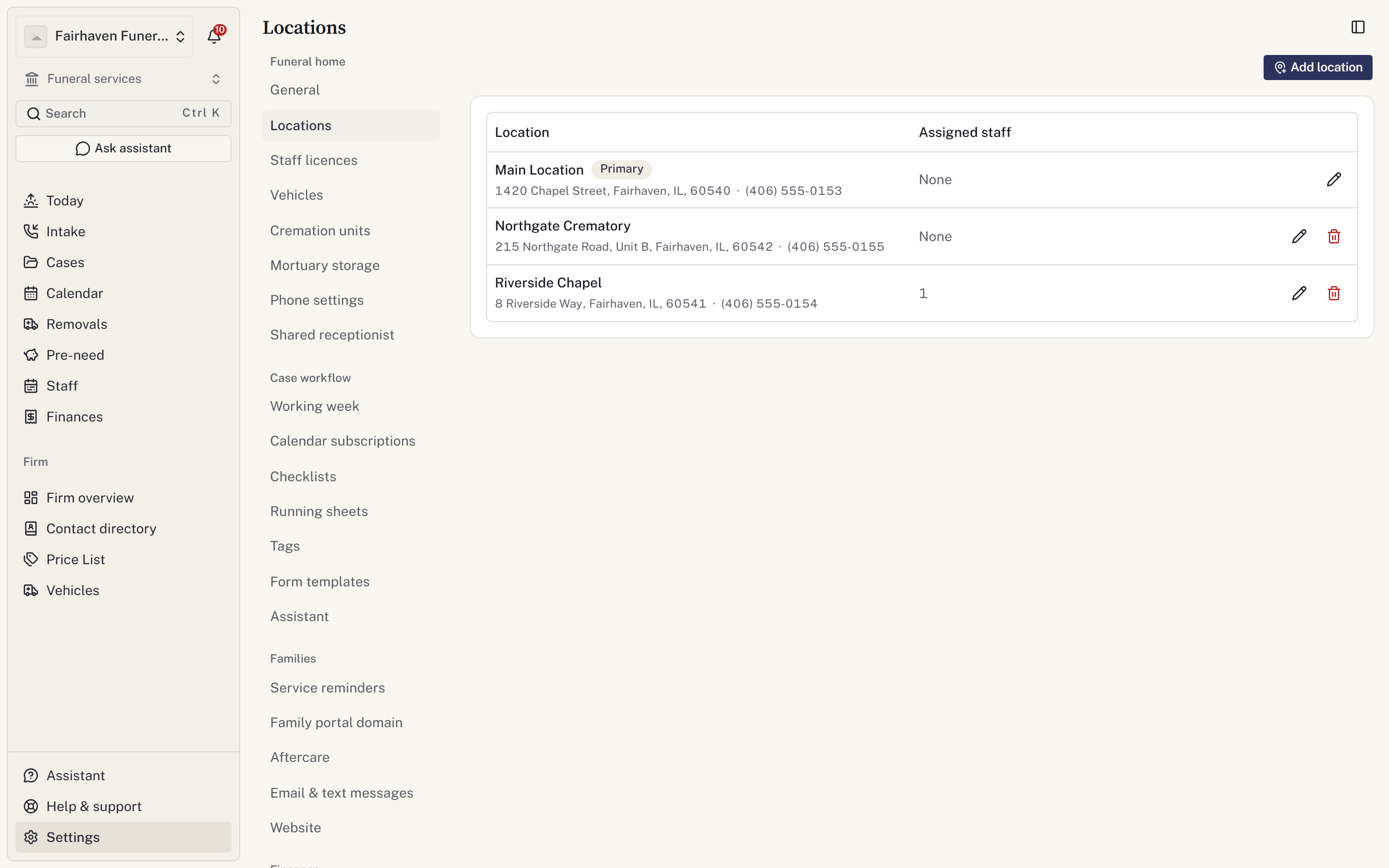 The locations list with addresses and telephone numbers