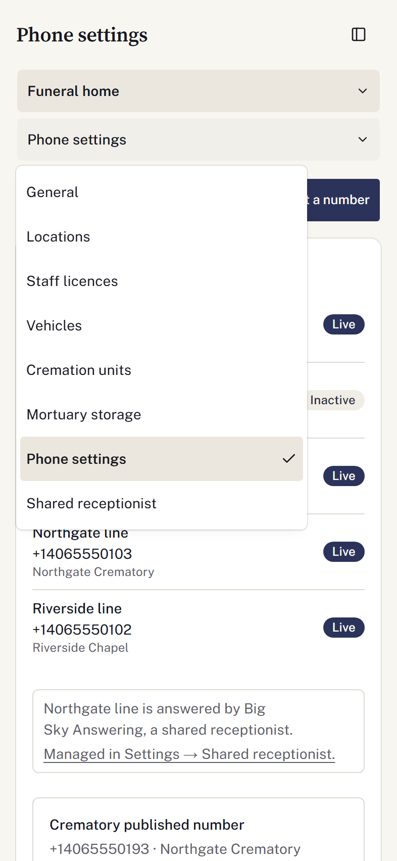 Phone Settings navigation: choose a group, then a page within it