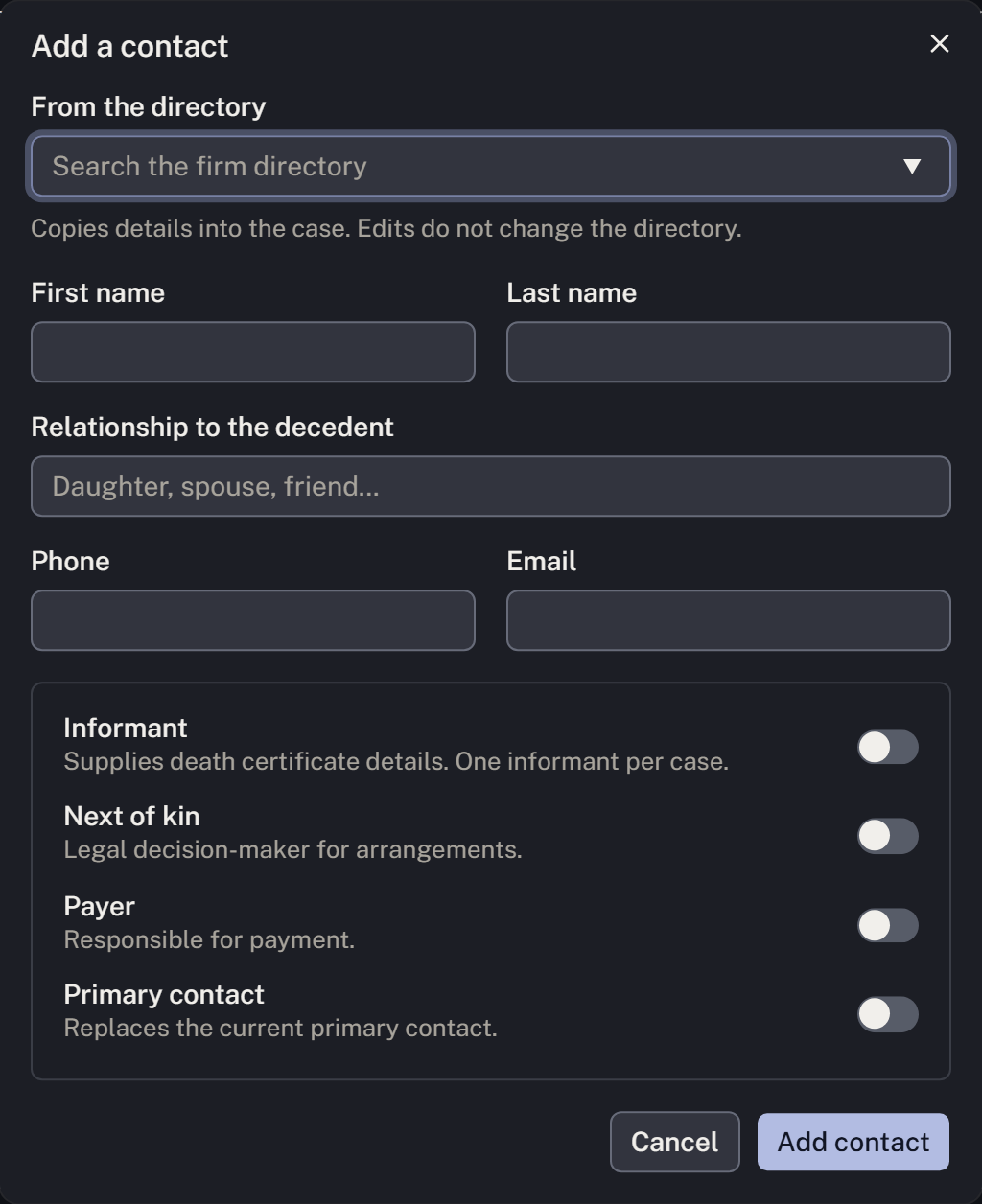 The form for recording a family contact