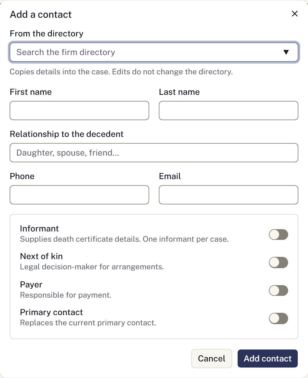 The form for recording a family contact