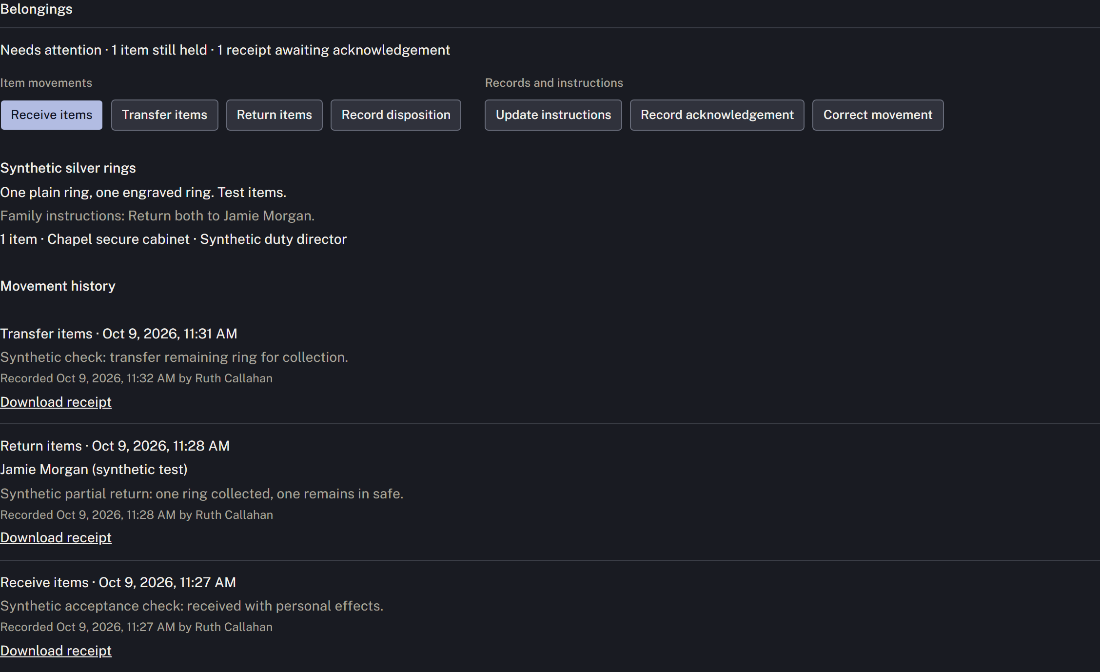 Belongings receipt and movement controls