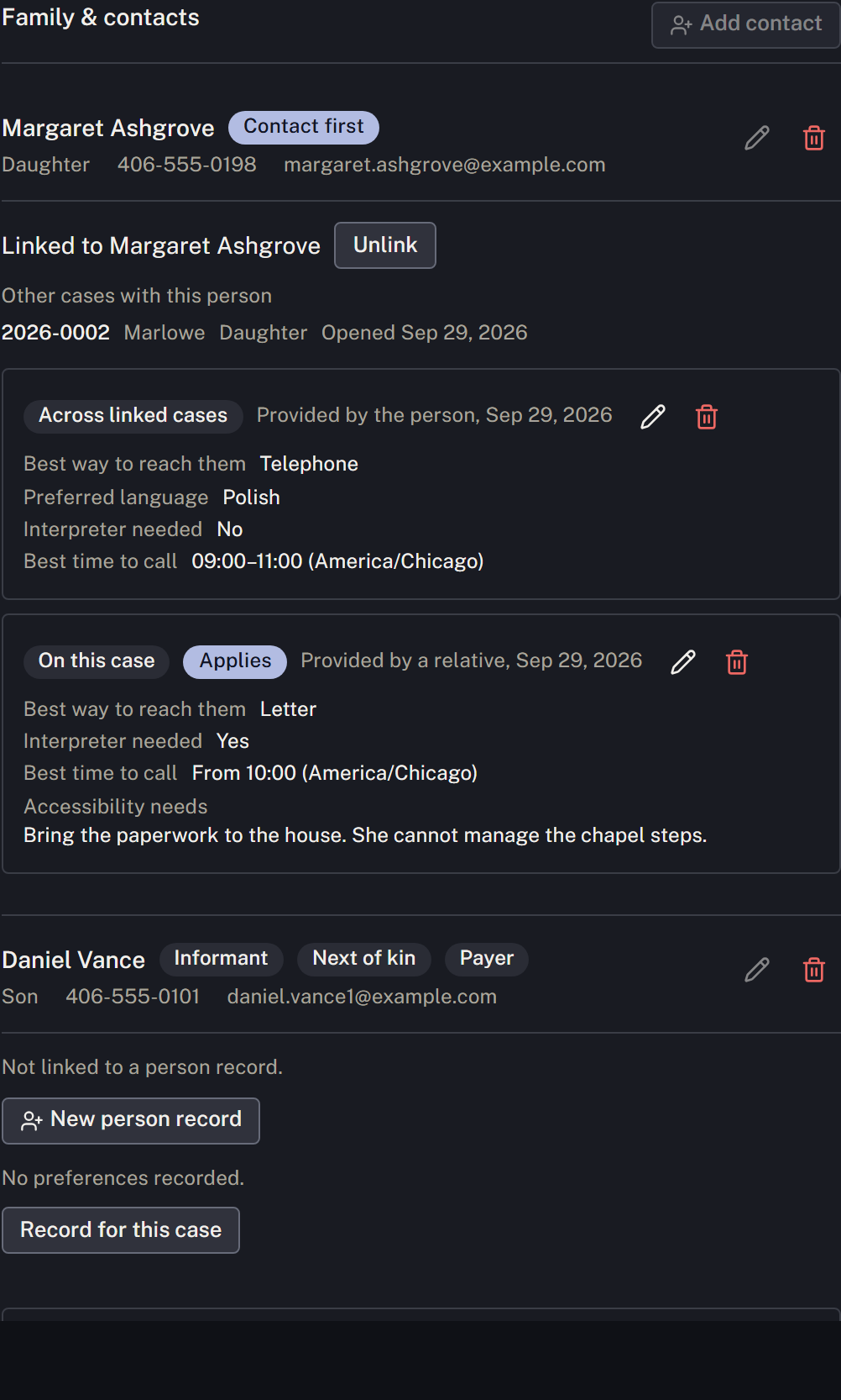 The saved contact and callback details on the case