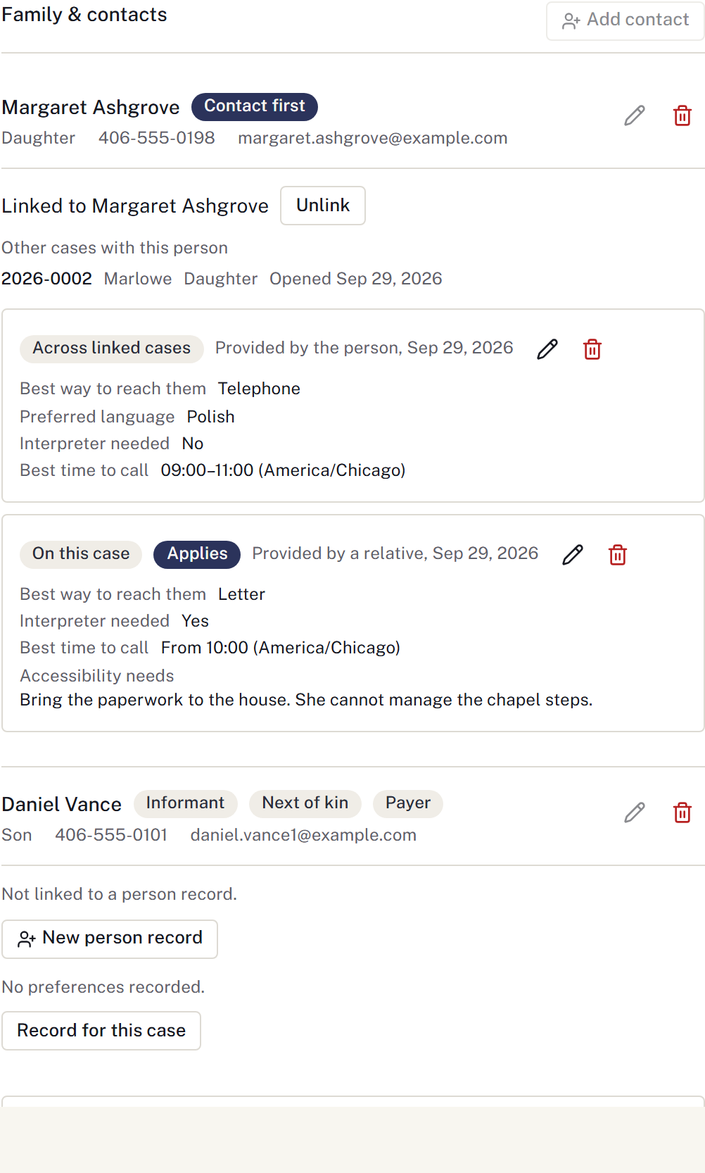 The saved contact and callback details on the case