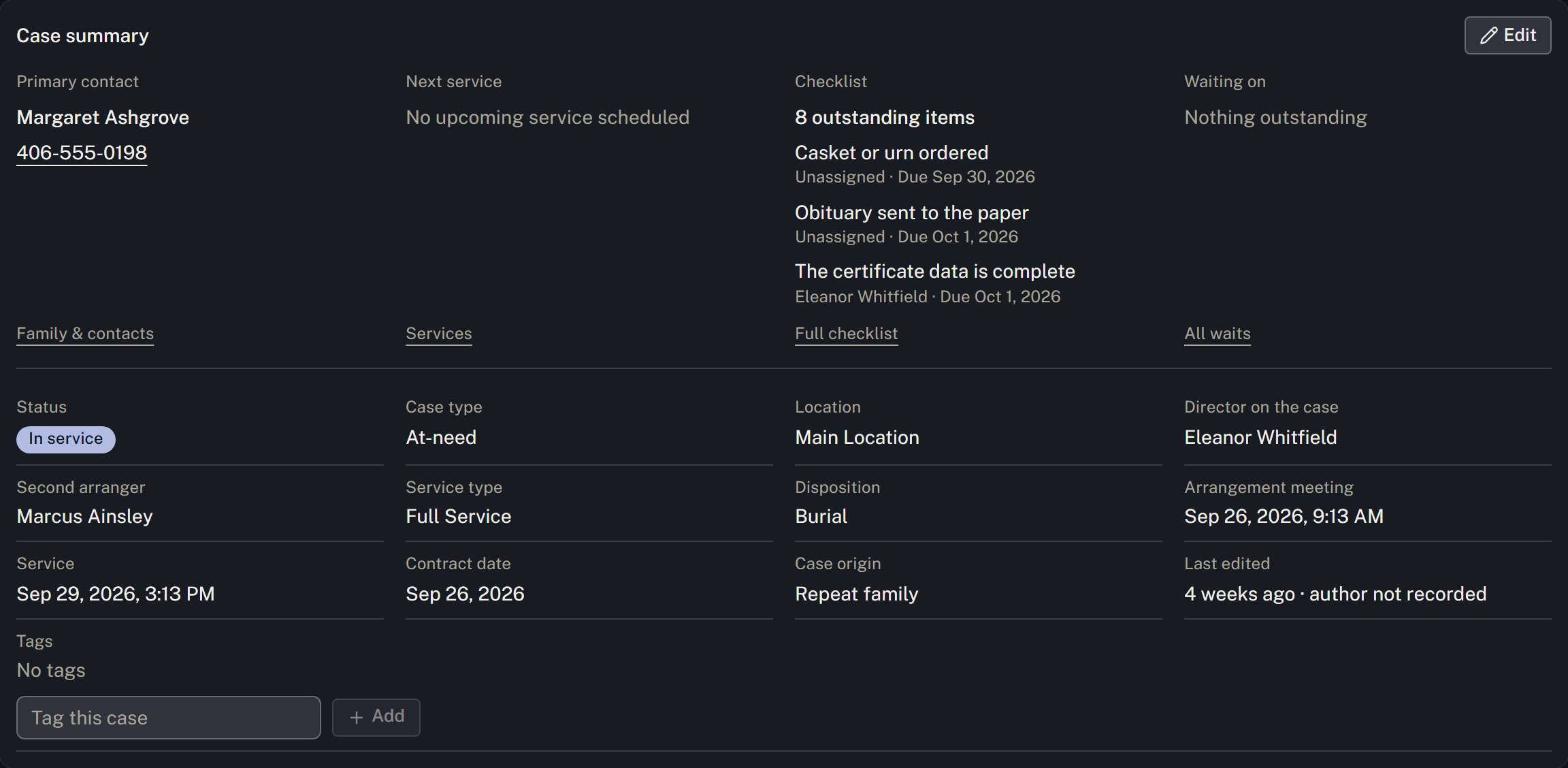 The case overview shows the caller, director assignment and outstanding work