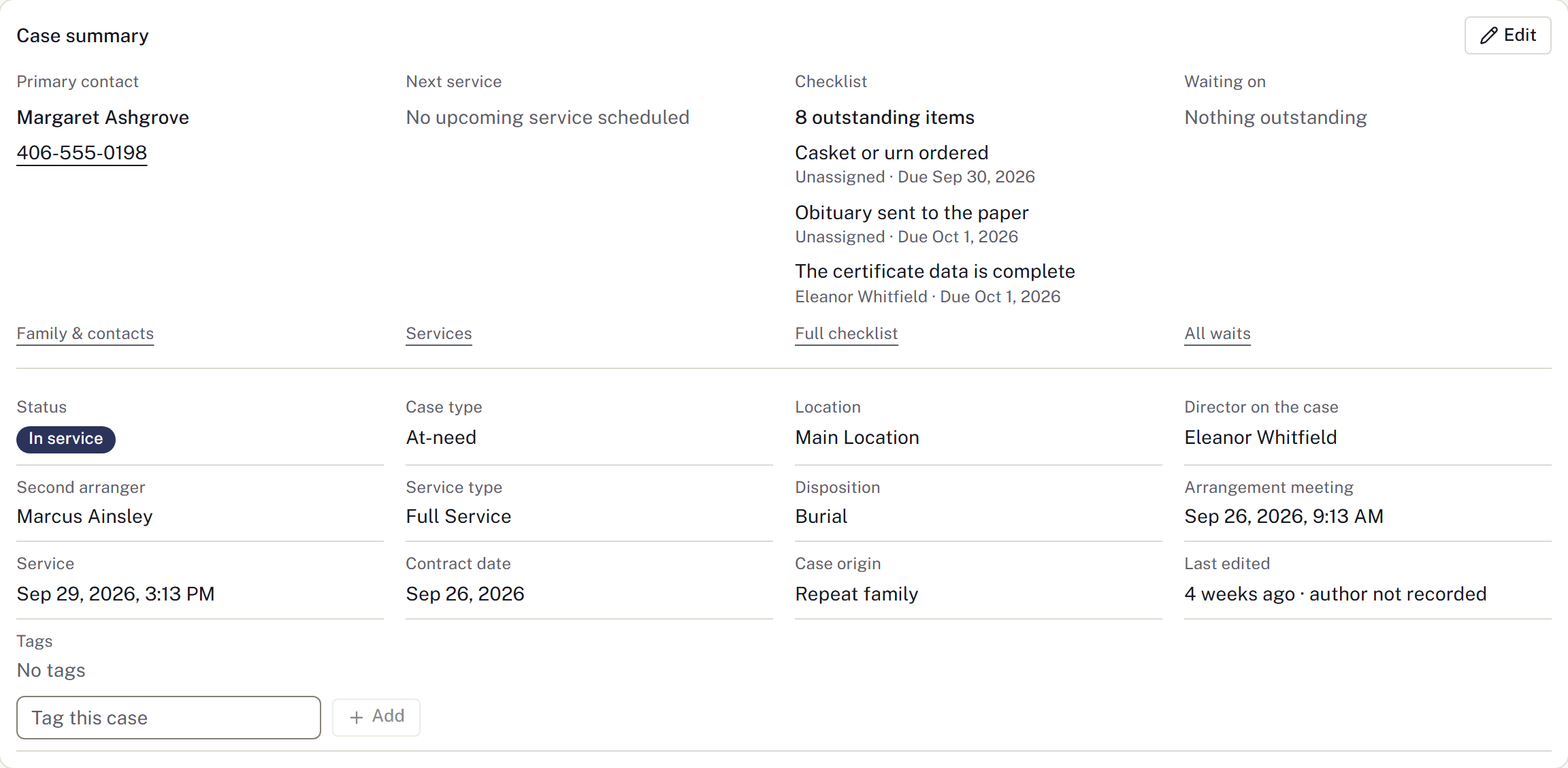 The case overview shows the caller, director assignment and outstanding work