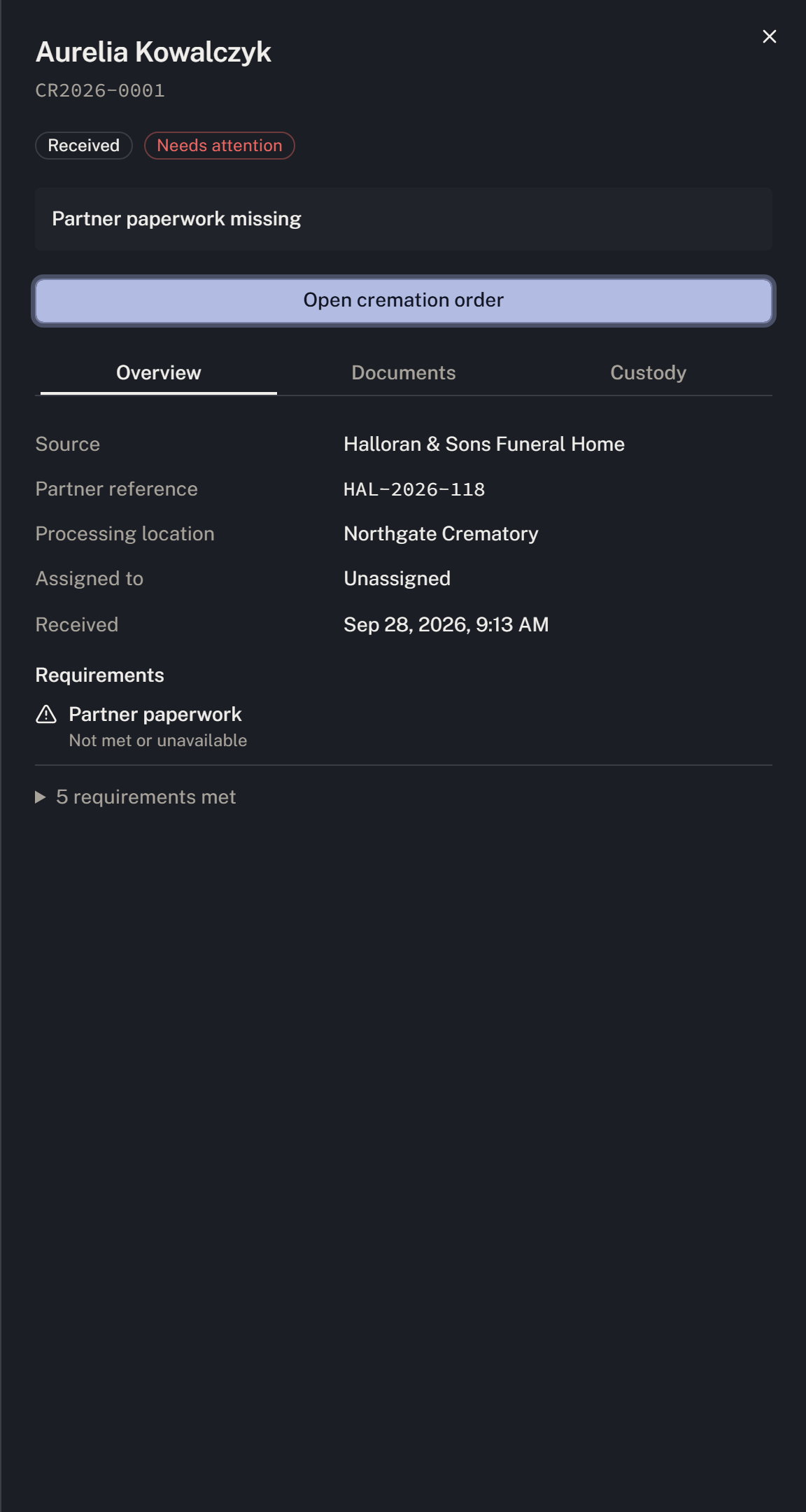 The queue preview identifies missing partner paperwork