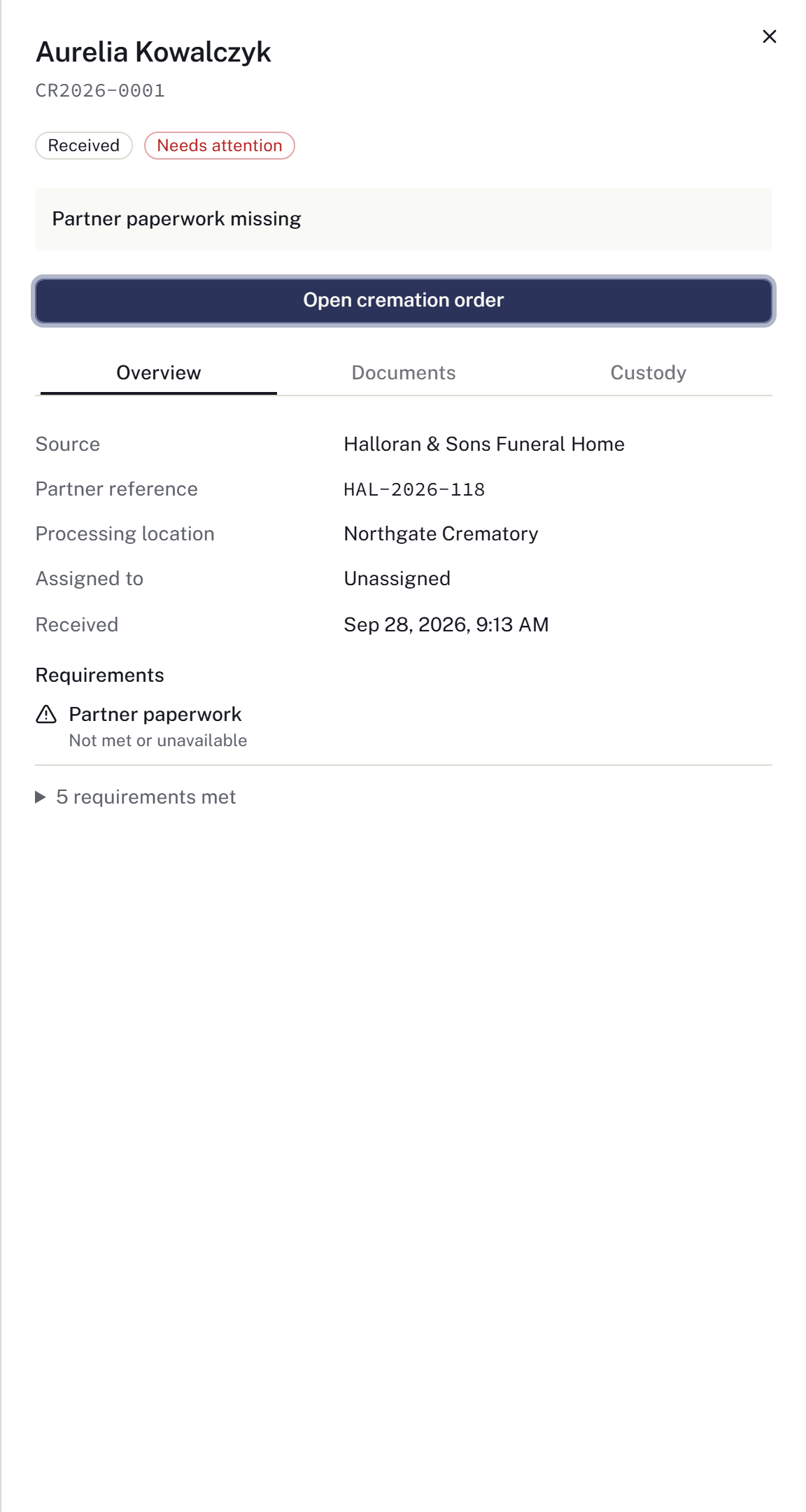 The queue preview identifies missing partner paperwork