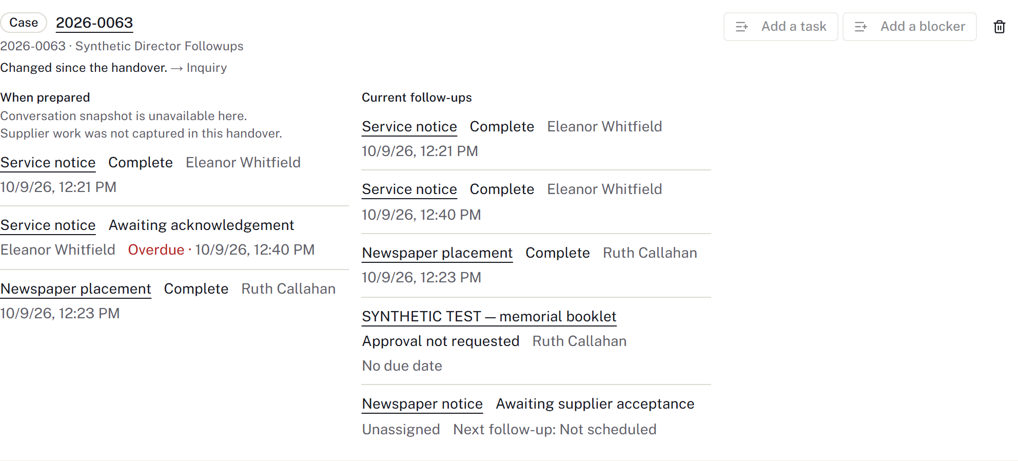 Prepared and current case follow-ups in a handover
