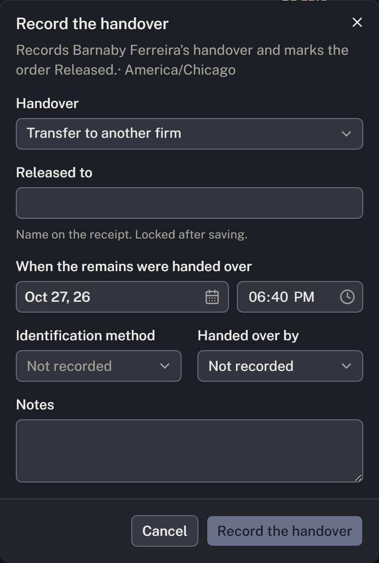 The handover form records the recipient and actual handover time