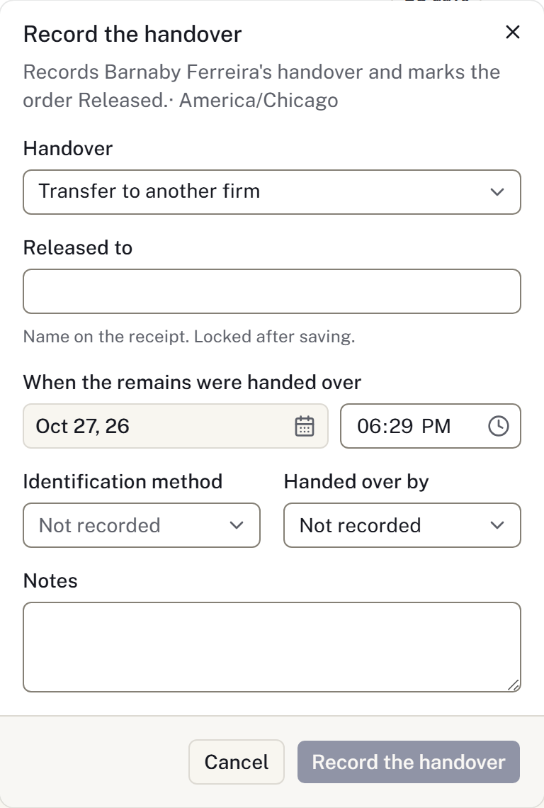 The handover form records the recipient and actual handover time