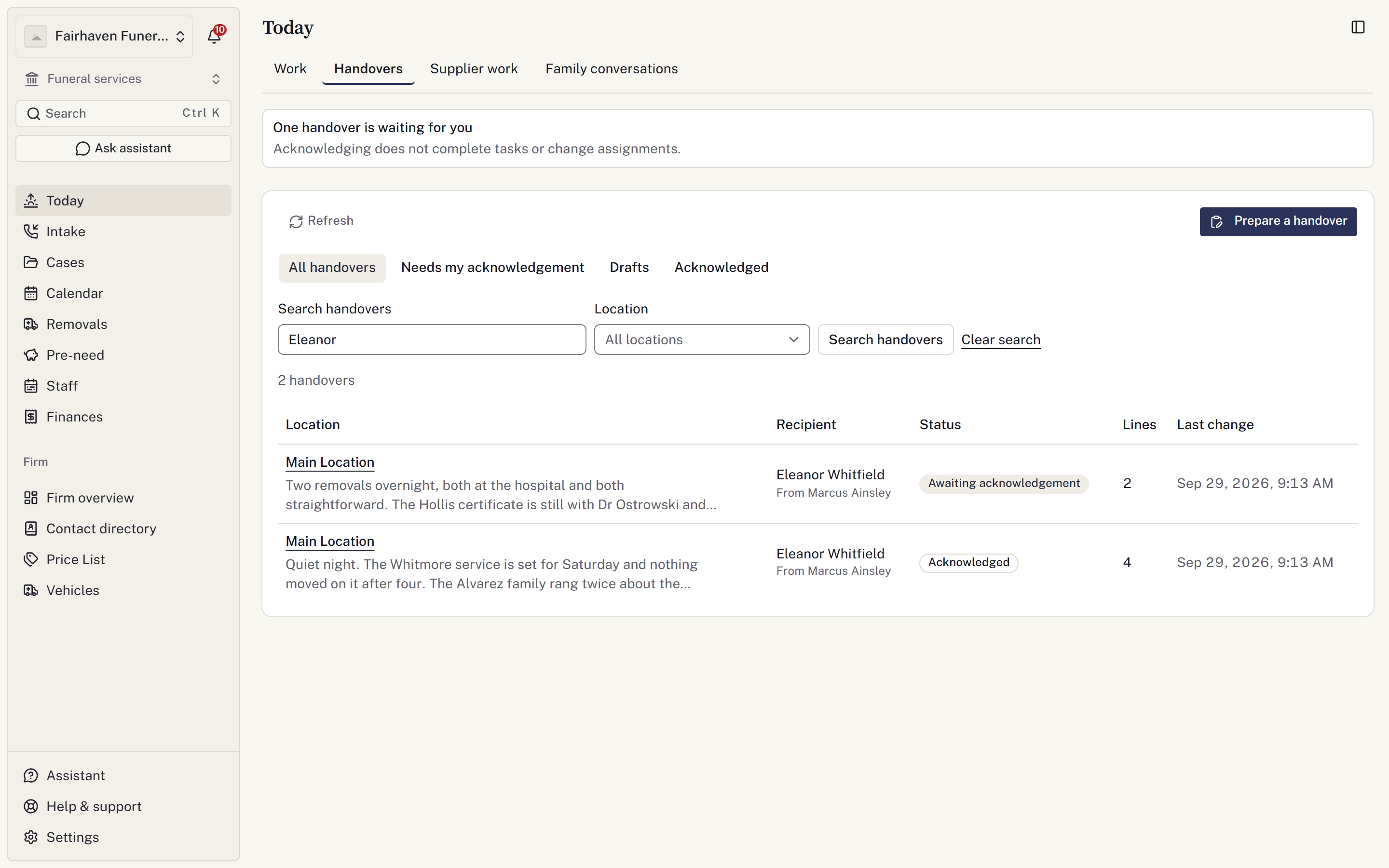 Shift handover register with recipient and acknowledgement status
