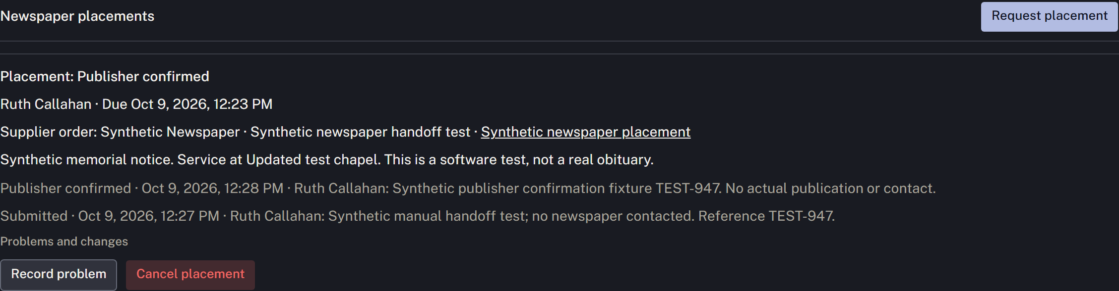 Newspaper placement submission and confirmation records