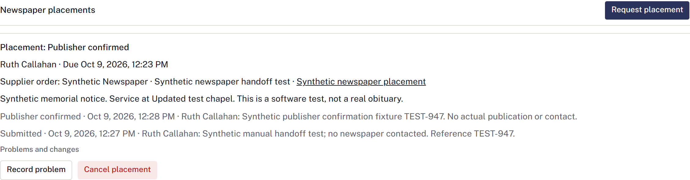 Newspaper placement submission and confirmation records