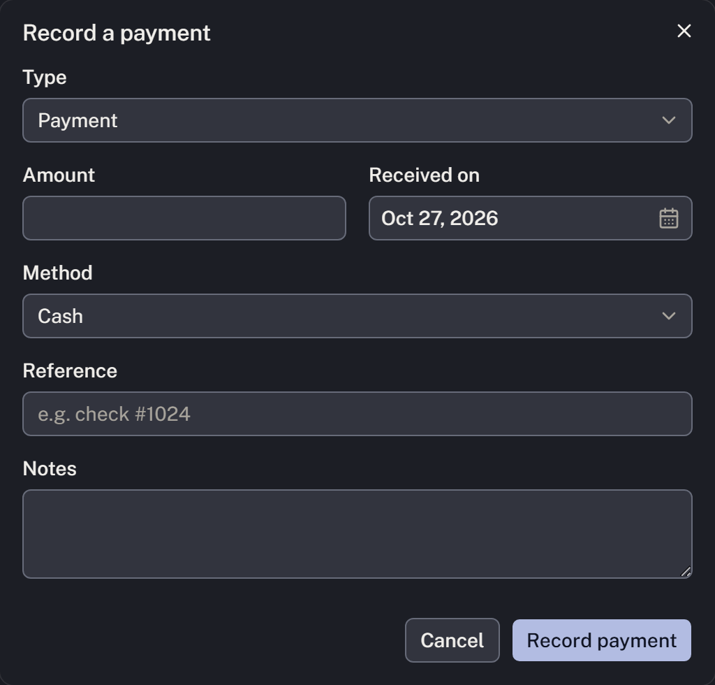 The payment form records the amount, receipt date, method and reference