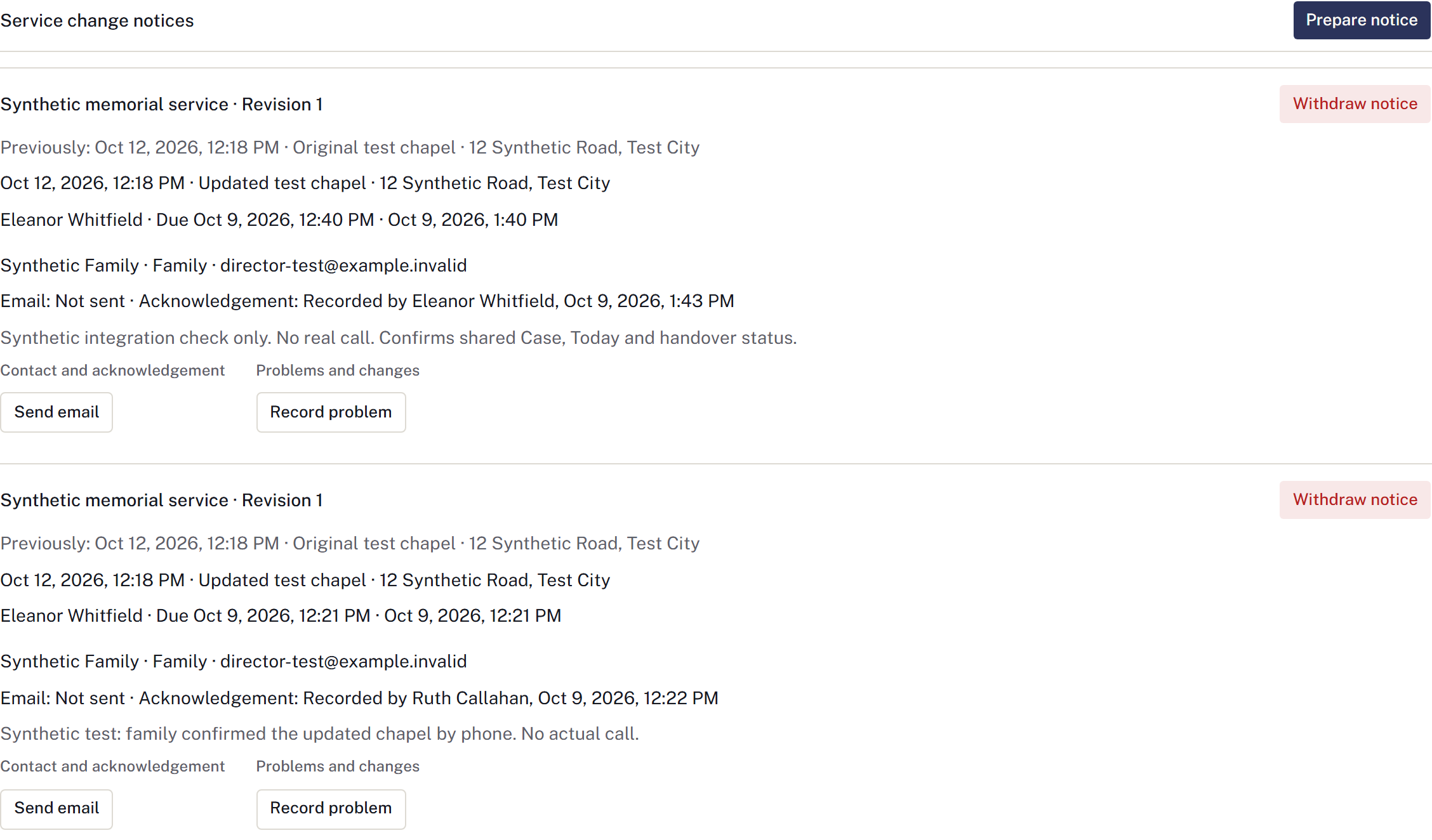 Service change notices with acknowledgement separate from email status