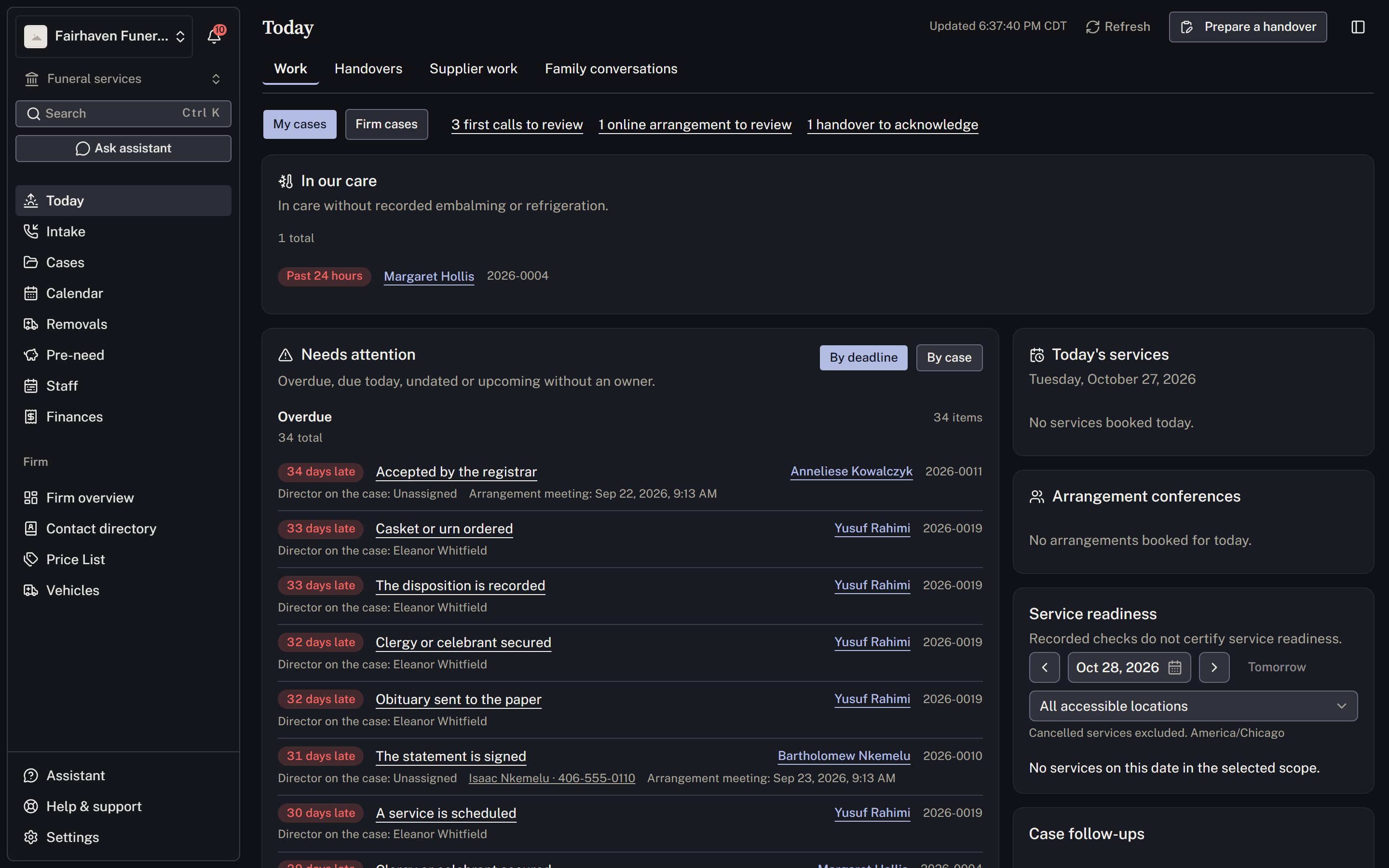 Today shows scoped due work and links to the cases