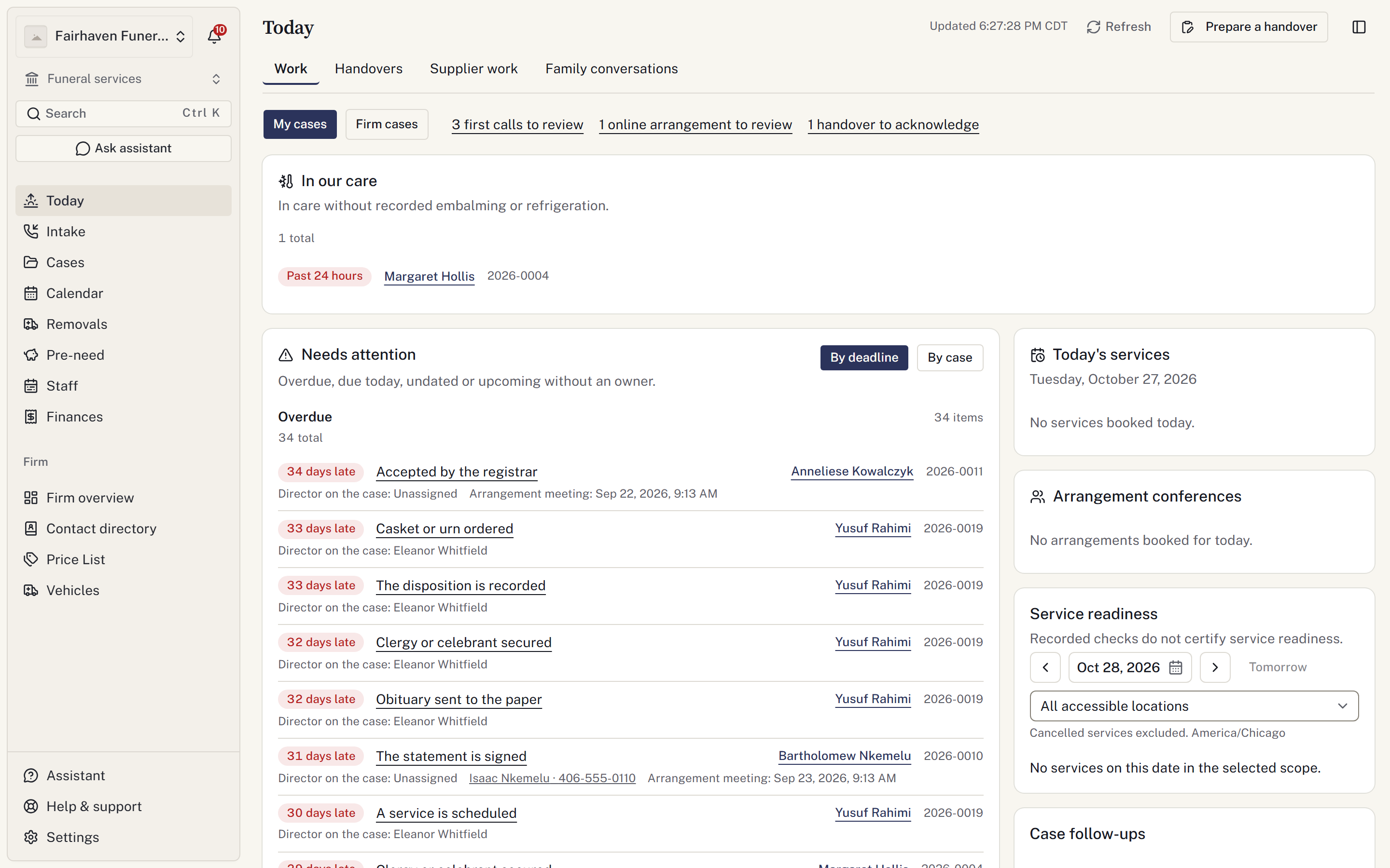 Today shows scoped due work and links to the cases